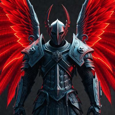 The primary subject of the image is a man wearing a suit of armor, which appears to be a digital art or illustration. The setting is a dark background, and the visual style is a combination of digital art and illustration. The colors and mood of the image are predominantly dark, with red accents on the armor, creating a dramatic and intense atmosphere.